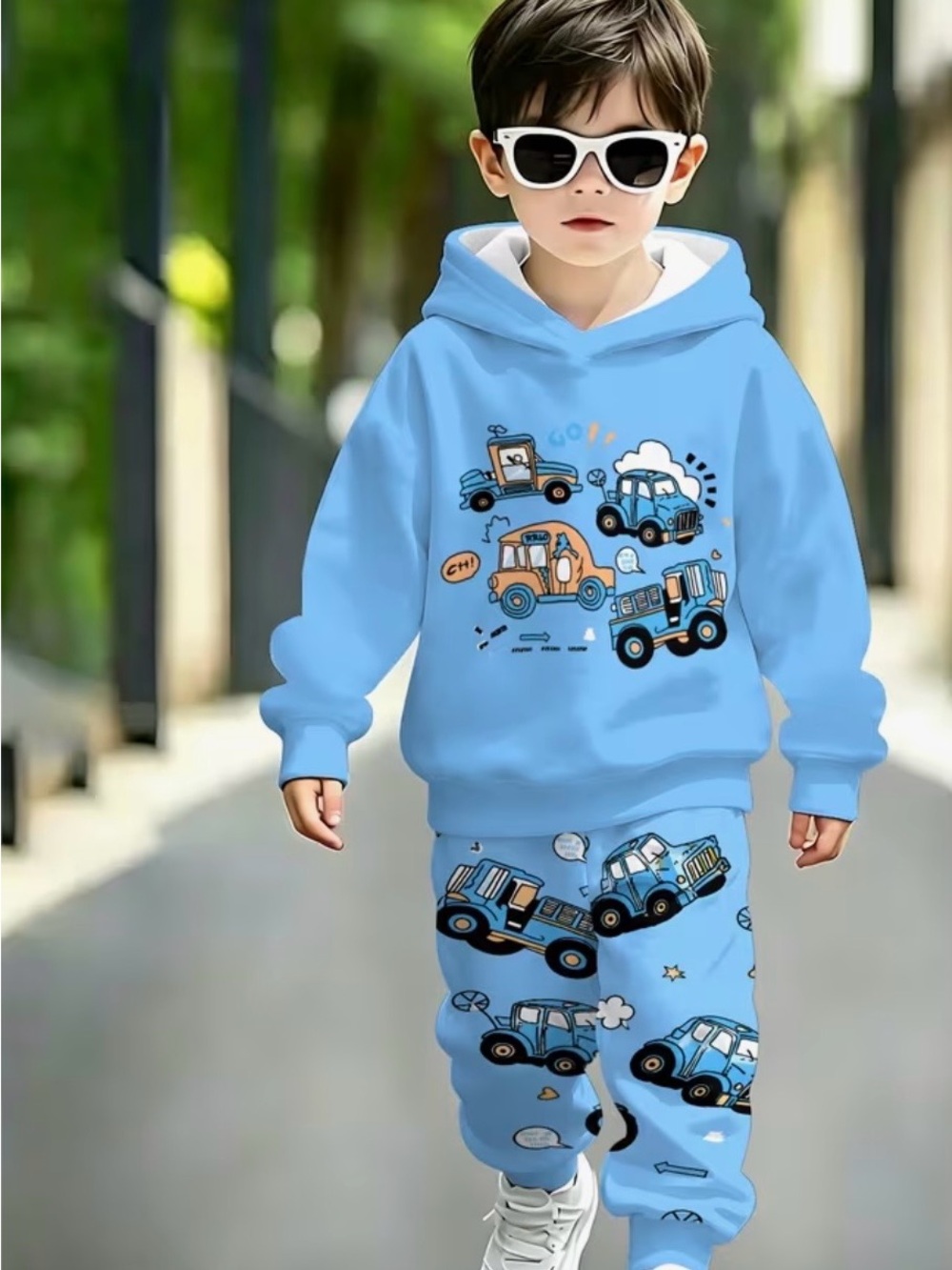 Kids Light Blue Hooded Pajama Set with Car Print